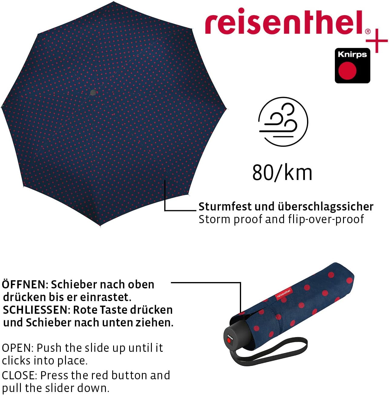 reisenthel Compact Travel Umbrella Pocket Classic, Windproof, Easy-Fit Carry Case, Lightweight and Durable, Mixed Dots Red