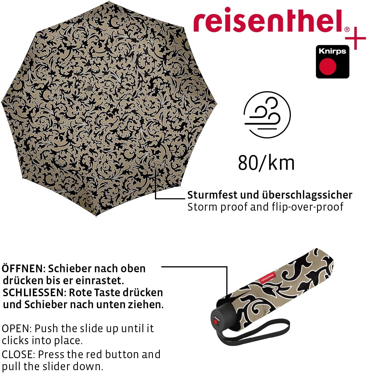 reisenthel Compact Travel Umbrella Pocket Classic, Windproof, Easy-Fit Carry Case, Lightweight and Durable, Baroque Marble